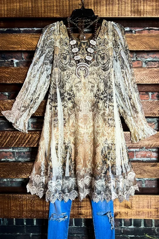 TunicTopDriftA FAIRYTALE STORY LACE TUNIC LAYERED IN BEIGE TAUPE BROWN