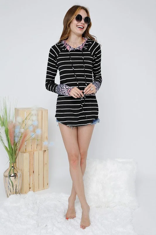 TunicTopCoreAdora Black Stripe Tunic With Navy Leopard Hoodie