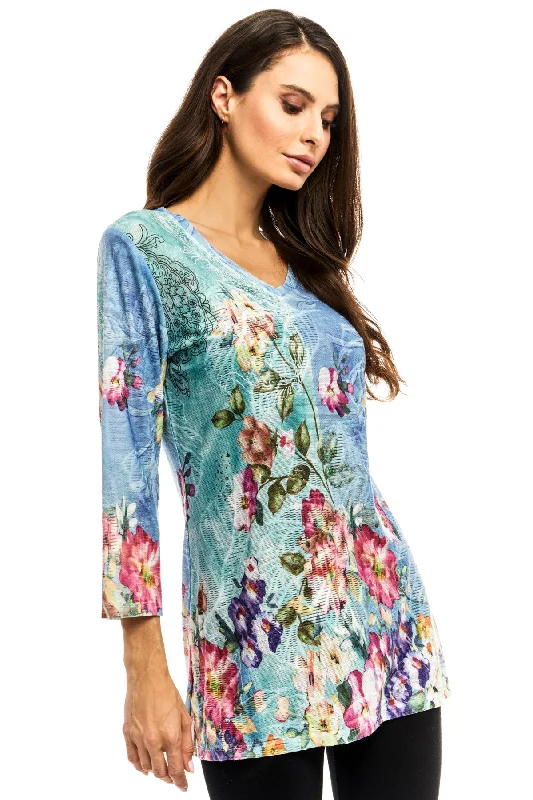 TunicTopSolarAdore Blue Green Floral V Neckline Tunic