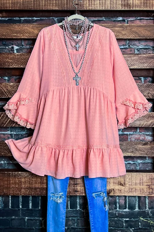 TunicTopCrestALL THE PRETTY THINGS CORAL PEACH LACE TRIM DRESS TUNIC