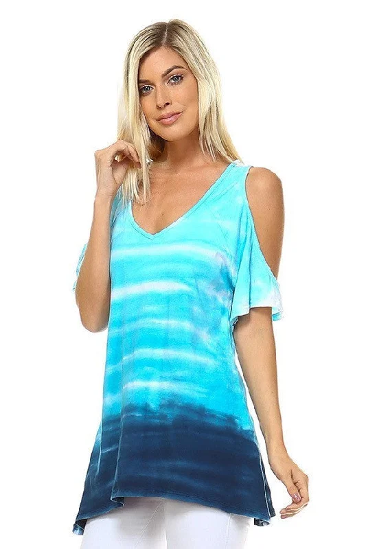 TunicTopApexAquamarine Tie Dye Cold Shoulder Tunic top