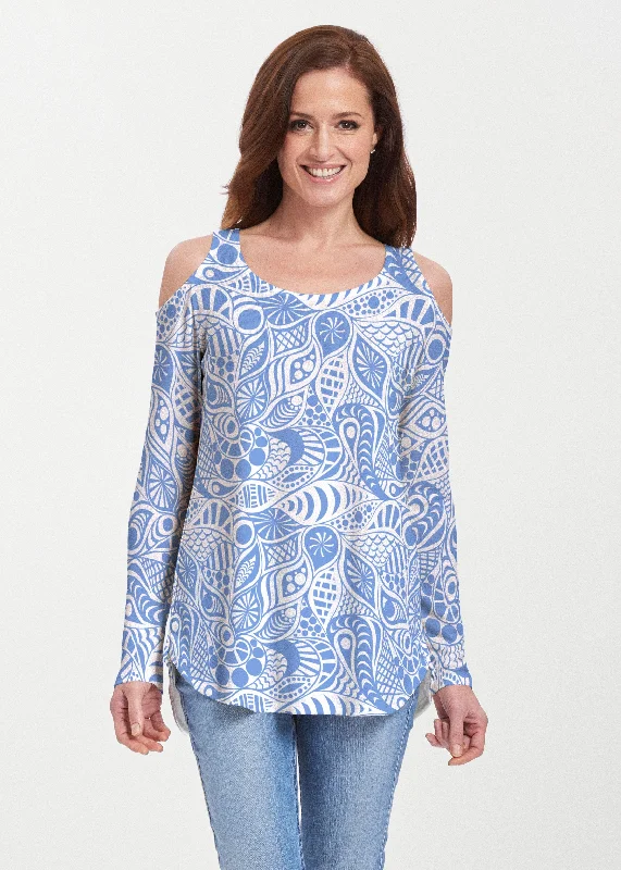 TunicTopDragonAquatic Floral Blue (7619) ~ Cold Shoulder Tunic