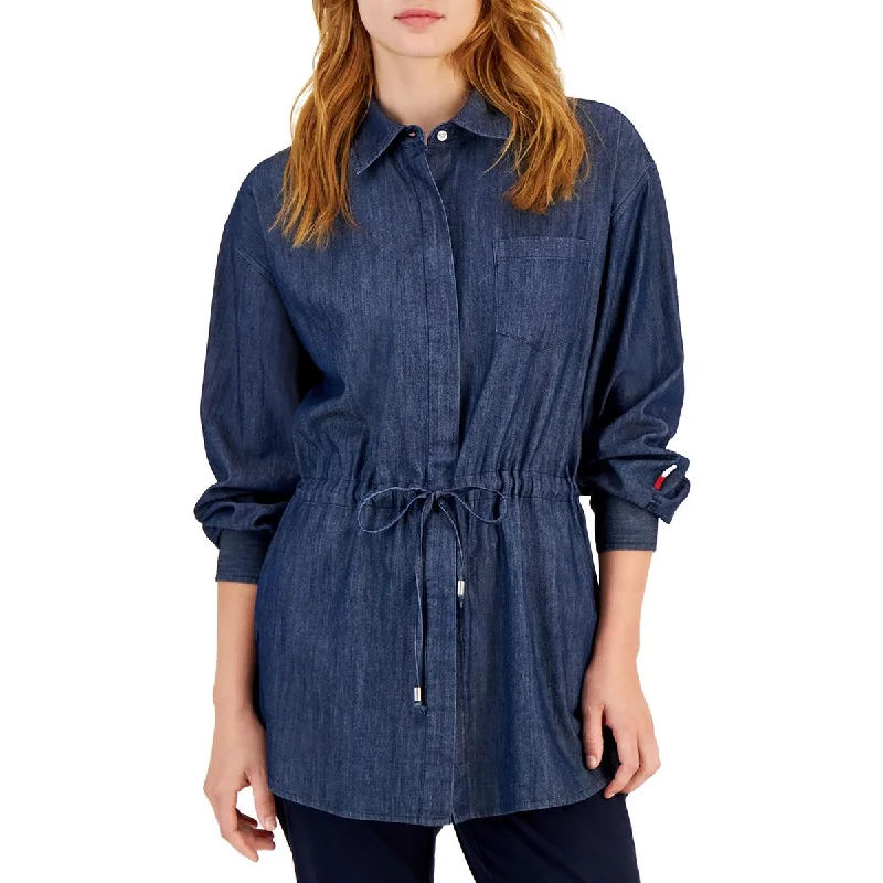 TunicTopMesaWomens Chambray Drawstring Waist Tunic Top