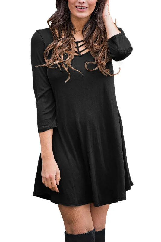 TunicTopPhoenixBlack Cage Neckline 3/4 Sleeves Tunic Dress