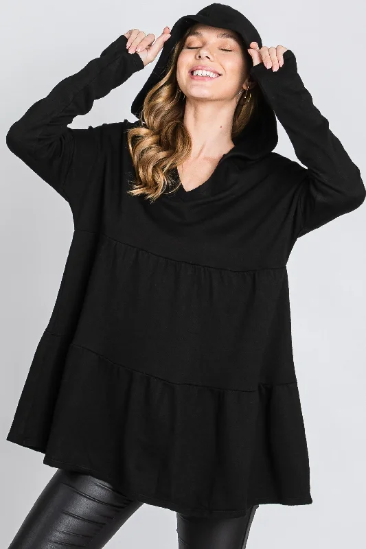 TunicTopSilverBLACK FRECH TERRY LONG SLEEVES TIERED TUNIC HOODIE TOP SO3321T