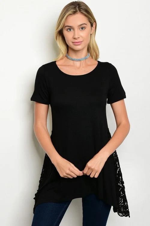 TunicTopGlowBlack Short Sleeve Side Lace Detail Tunic Top