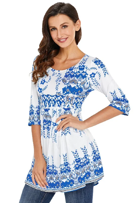 TunicTopFlexBlue Floral Print White 3/4 Sleeve Stretch Tunic Top