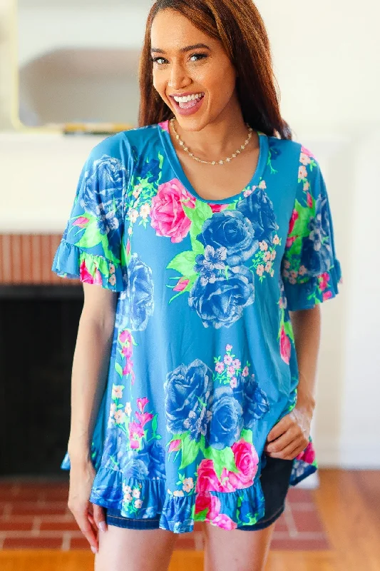 TunicTopVibeFeeling Playful Blue Floral Ruffle Sleeve & Hem Tunic Top