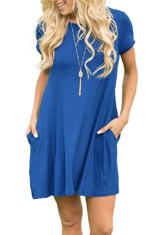 TunicTopGoldRoyal Blue Short Sleeve Flared Pocket Tunic Dress