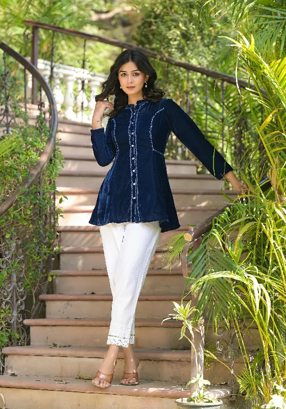 TunicTopSphinxBlue Solid Velvet Tunic With Button Closure