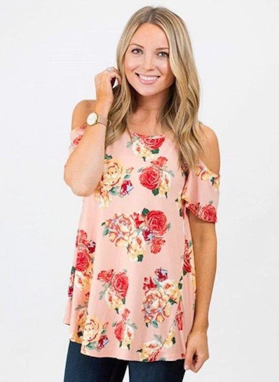 TunicTopGeoBlush Red Floral Loose Cold Shoulder Tunic Top