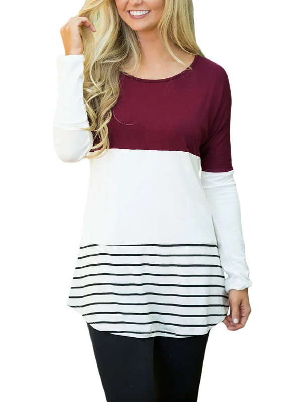 TunicTopCoreBurgundy Color Block Lace Patch Long Sleeve Tunic Top