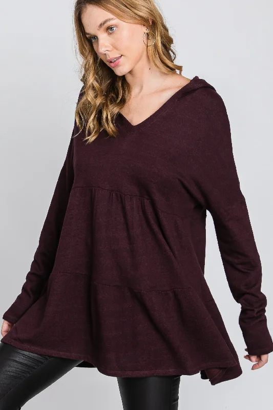 TunicTopDiamondBURGUNDY FRECH TERRY LONG SLEEVES TIERED TUNIC HOODIE TOP SO3321T