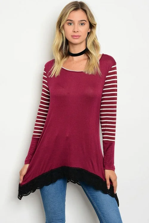 TunicTopBurgundy Scoop Neck White Striped Long Sleeve Tunic Top