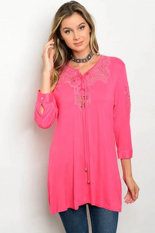 TunicTopRubyCoral 3/4 sleeve Crochet Lace Detail Jersey Tunic Top