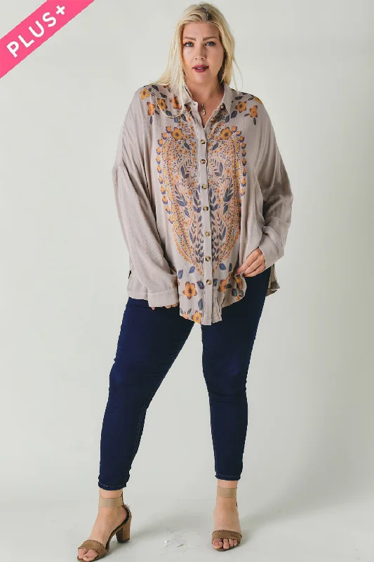 TunicTopSilverDavi And Dani Floral Printed Button Down Long Sleeve Taupe Tunic Plus