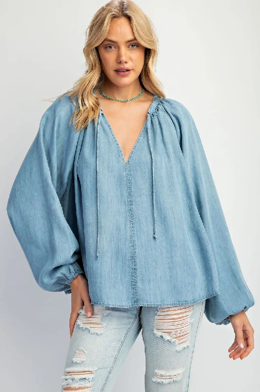 TunicTopSummitEasel Washed Chambray Flare Tunic