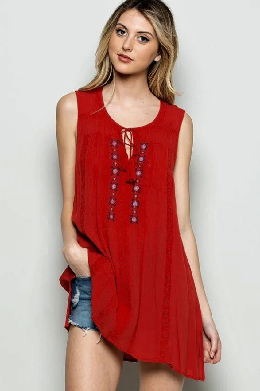 TunicTopPeakRusty Red Embroidered Tassel Tunic Top with Crochet Lace Detail