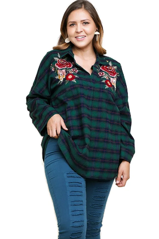 TunicTopCanyonFloral Embroidered Plaid Tunic, Green