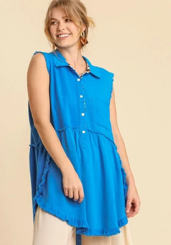 TunicTopCoralFrayed Sleeveless Tunic, Ocean Blue