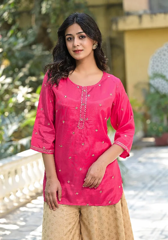 TunicTopGoldFuchsia Solid Shantoon Tunic With Sequins & Zari Work