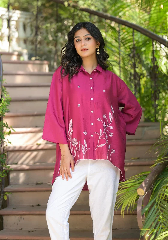 TunicTopValleyFuchsia Thread Embroidered Chanderi Tunic With Button Closure