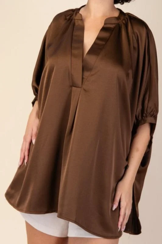 TunicTopTitanGLAMOROUS CELEBRATION BROWN SATIN OVERSIZED TUNIC