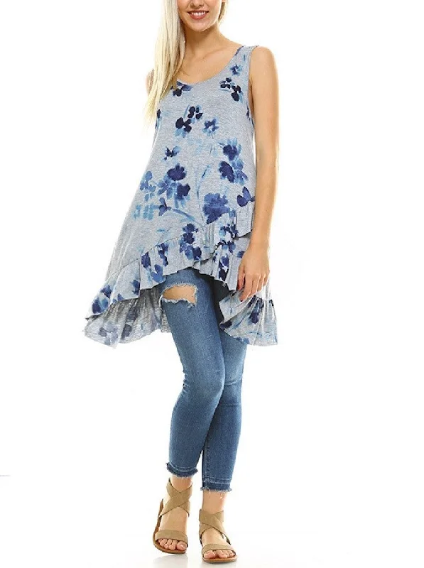 TunicTopCosmoGray Blue Floral Knit Ruffle Tunic Top