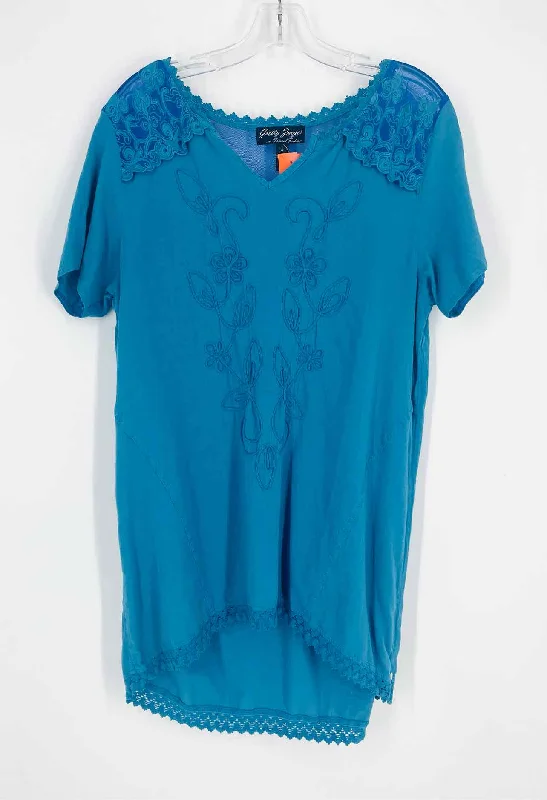 TunicTopDragonGretty Zueger Size S Blue Floral Textured Designer Tunic