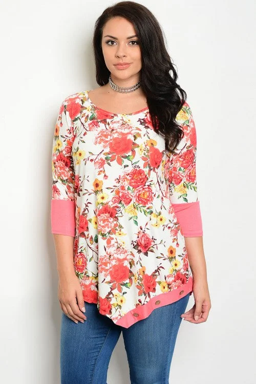 TunicTopMarineIvory Floral Print Coral 3/4 Sleeve Tunic Top - Plus Size