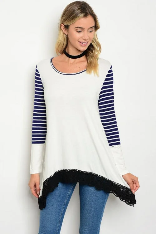 TunicTopMaxIvory Scoop Neck Navy Striped Long Sleeve Tunic Top