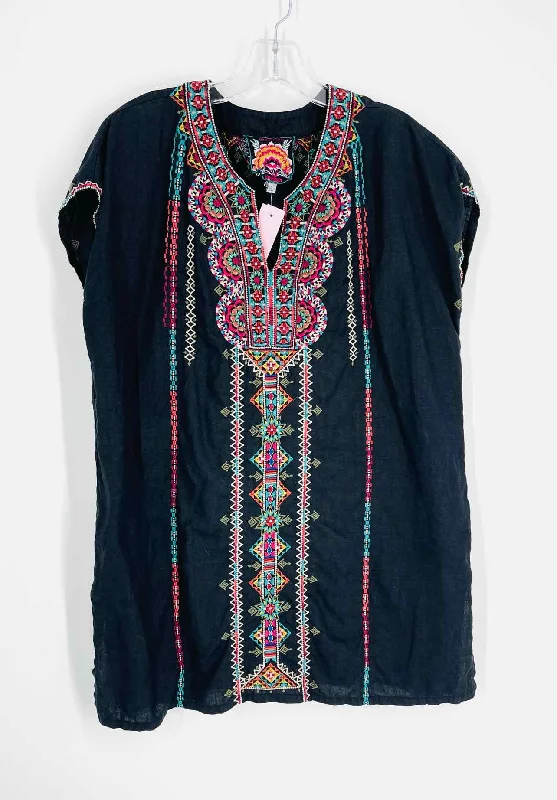 TunicTopOnyxJohnny Was Size S Black/Multi Embroidered Linen Designer Tunic