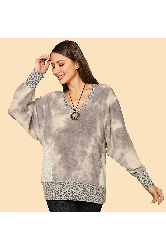 TunicTopEchoJupee Grey Tie Dye & Cheetah Print Tunic