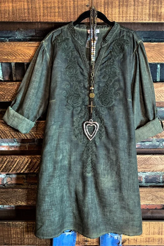 TunicTopLeviathanKEEP LOVE ALIVE OLIVE EMBROIDERED DRESS TUNIC