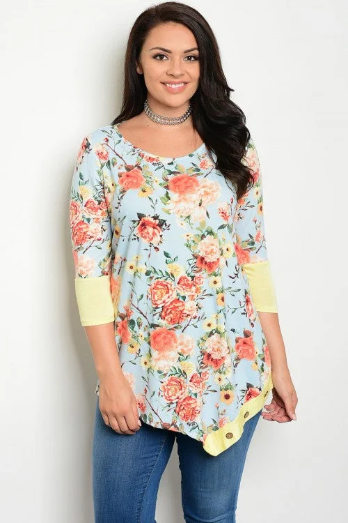 TunicTopPearlLight Blue Floral Print Yellow 3/4 Sleeve Tunic Top - Plus Size