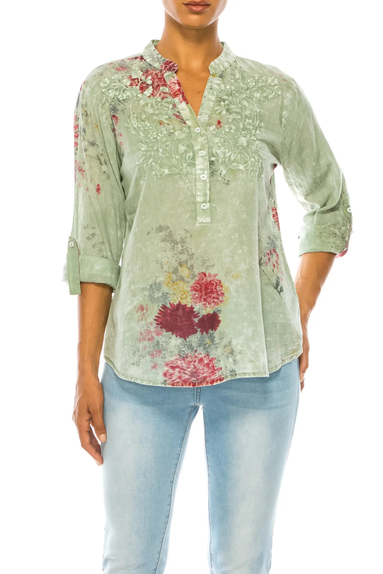 TunicTopPeakMagazine Clothing Vintage Light Green Basil Floral Printed Tunic with Embroidery