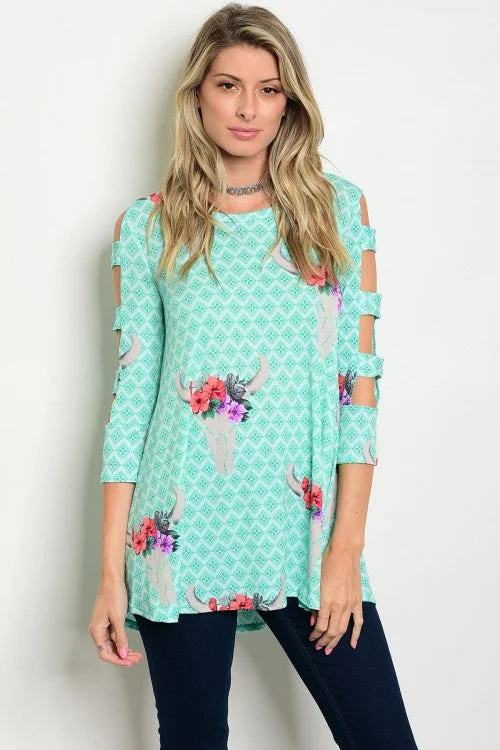 TunicTopPrimeMint Printed Cut Out 3/4 Sleeve Jersey Tunic Top