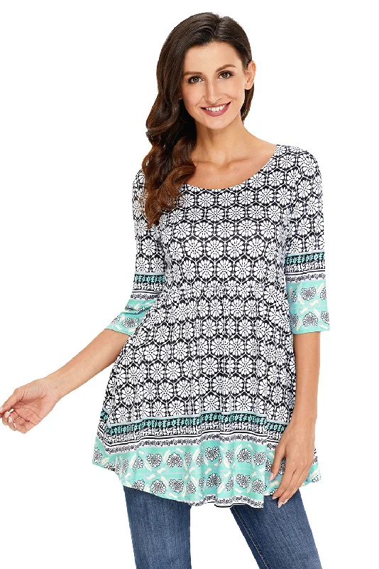 TunicTopSurgeMint Splice Accent Floral Print 3/4 Sleeve Stretch Tunic Top