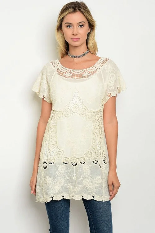 TunicTopVikingNatural Short Sleeve Crochet Lace Tunic Top