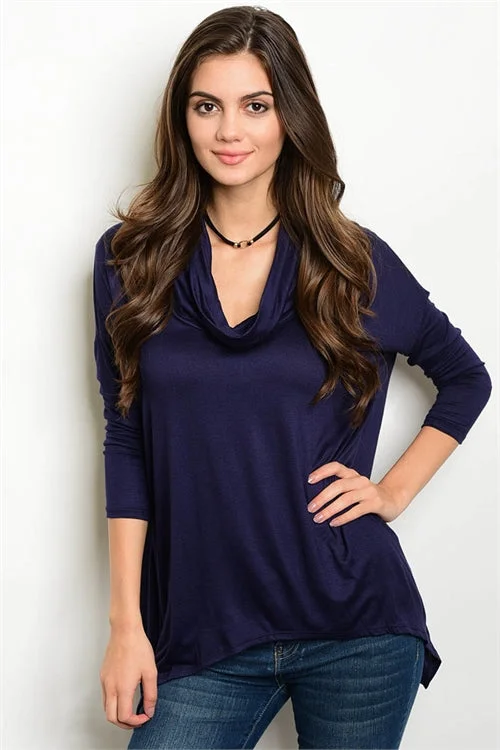 TunicTopVibeNavy 3/4 sleeve Drape Cowl Neck Jersey Tunic Top