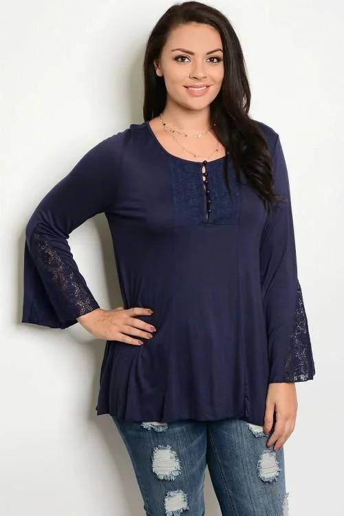 TunicTopOasisNavy Lace Detail Long Sleeve Tunic Top - Plus Size