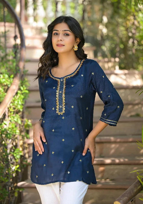 TunicTopCanyonNavy Zari Embroidered Viscose Tunic With Sequins