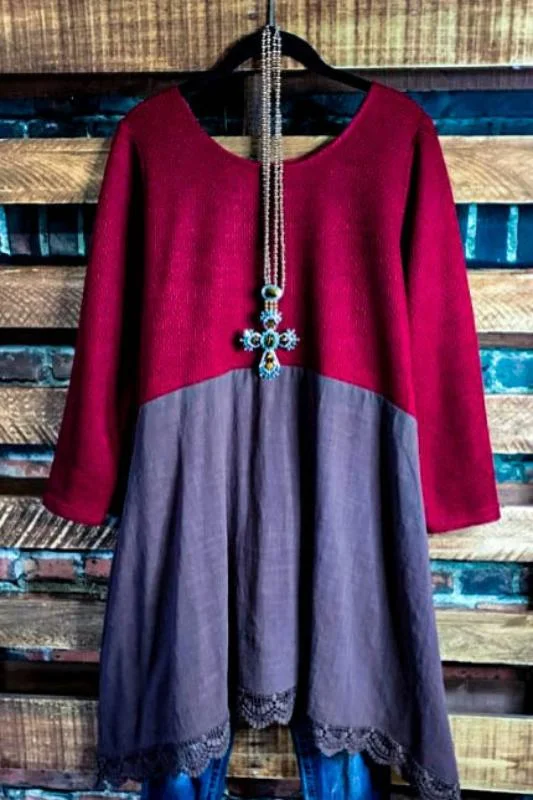 TunicTopMarineNEW BEGINNINGS EMPIRE WAIST DRESS TUNIC BROWN & CRIMSON