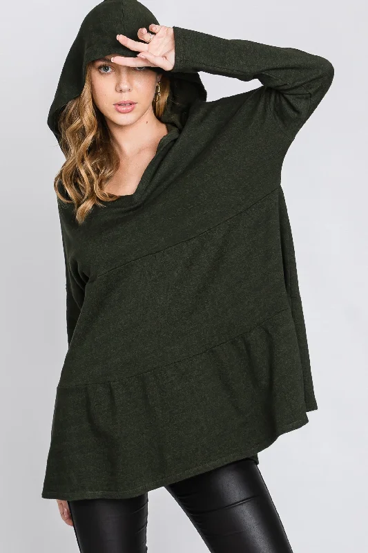 TunicTopCrystalOLIVE FRECH TERRY LONG SLEEVES TIERED TUNIC HOODIE TOP SO3321T