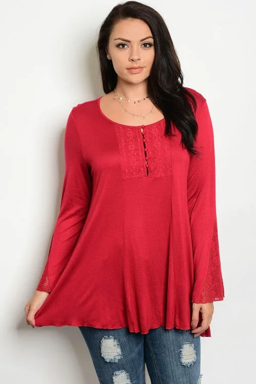 TunicTopRidgeRed Lace Detail Long Sleeve Tunic Top - Plus Size