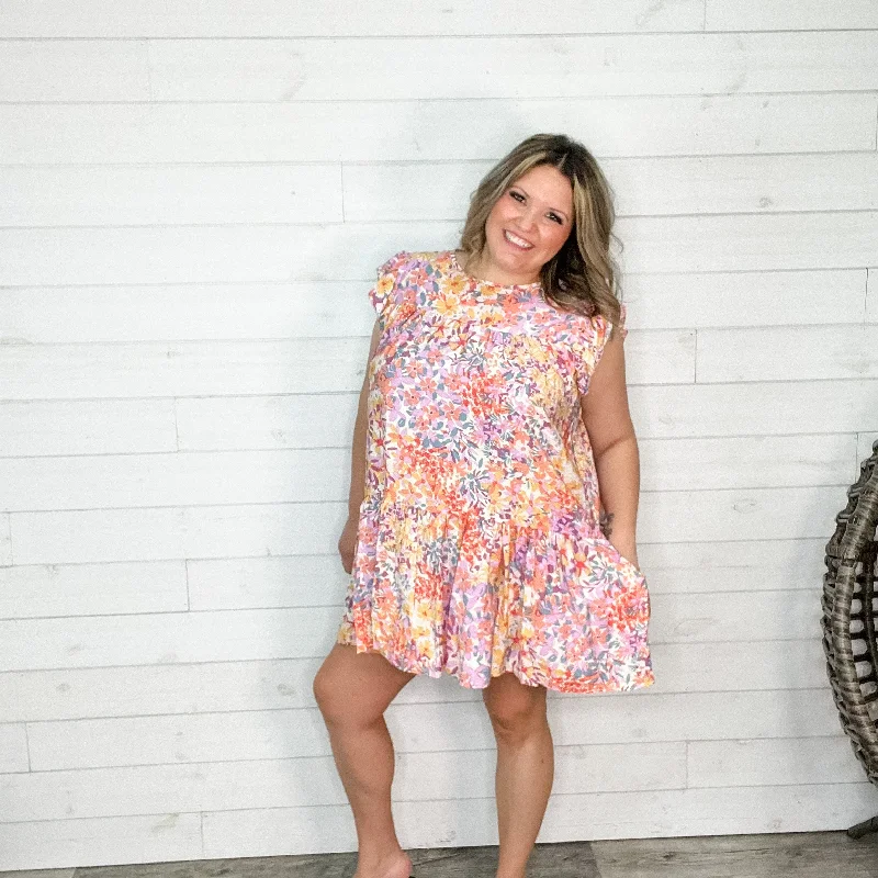 TunicTopPulse"Right At Home" Floral Ruffle Cap Sleeve Tunic/Dress with Pockets