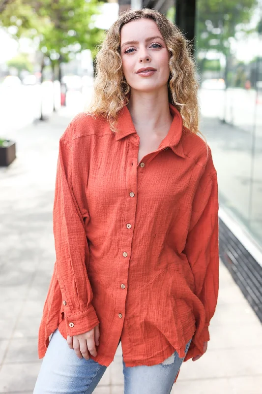 TunicTopEveryday Rust Button Down Sharkbite Cotton Tunic Top