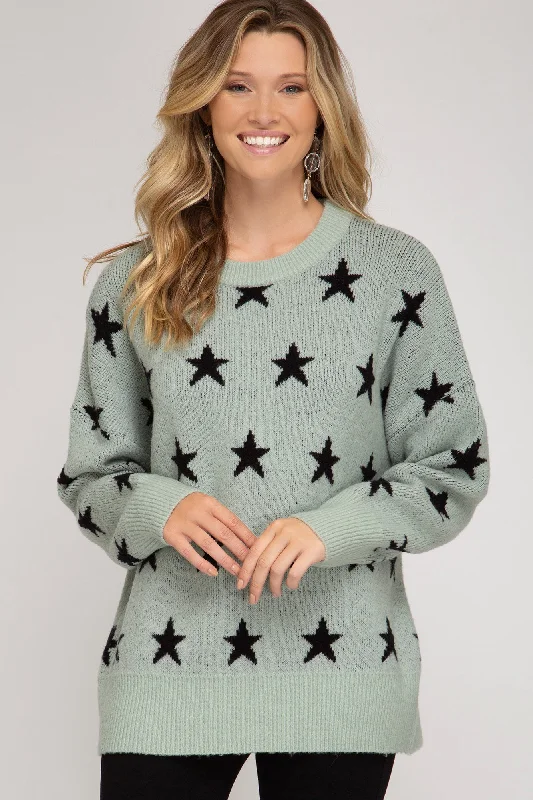 TunicTopPrimeShe And Sky Star Print Slate Green Tunic Sweater