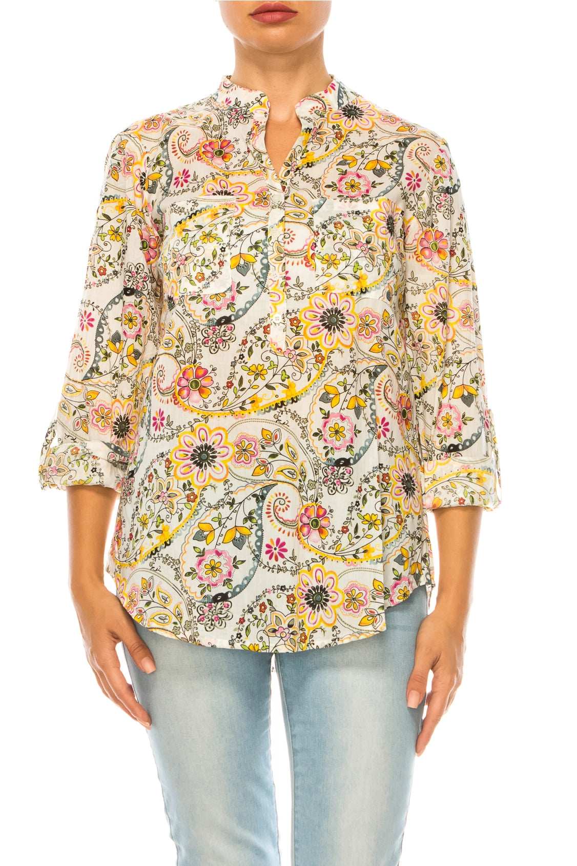 TunicTopCoralSunshine Blooms: Magazine Bright Yellow & Ivory Floral Paisley Tunic