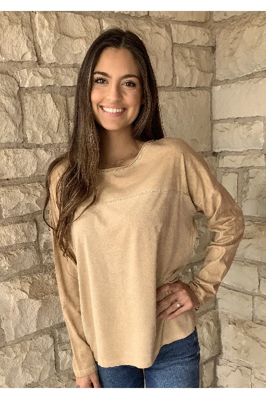 TunicTopLiteTempo Camel Long Sleeve Round Neck Tunic With Silver Lurex Sparkle